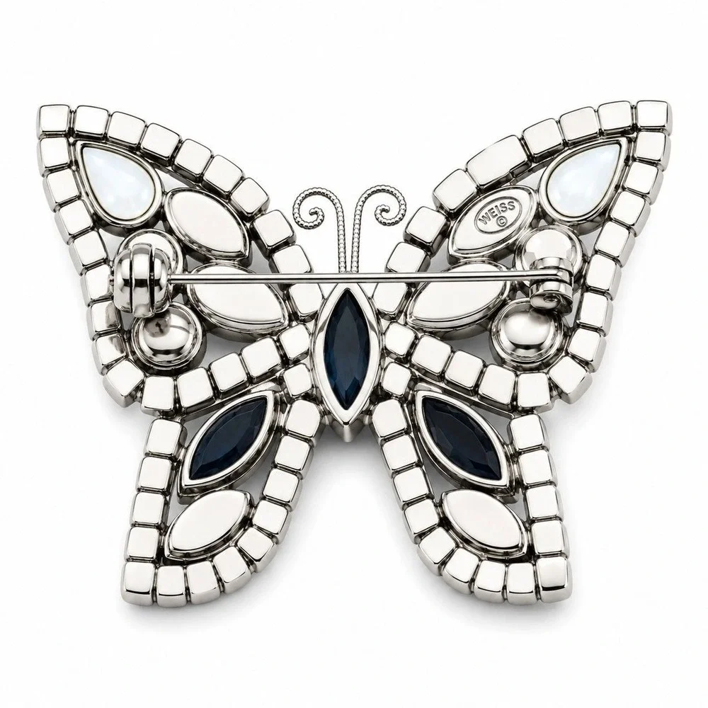 Vintage Weiss Butterfly Brooch Blue Rhinestone Silver Tone Crystal Pin